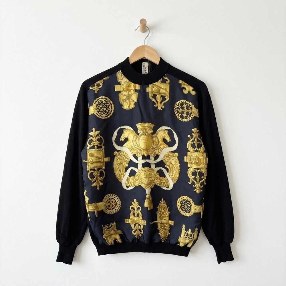 Hermes Vintage Silk Front Knit Sweater Black Gold Baroque Key Horse Size 38 READ